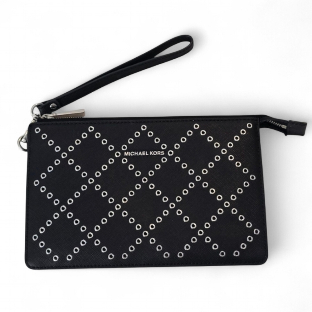 Michael Kors‎ Daniela Grommeted Leather Wristlet Black Silver Accents
